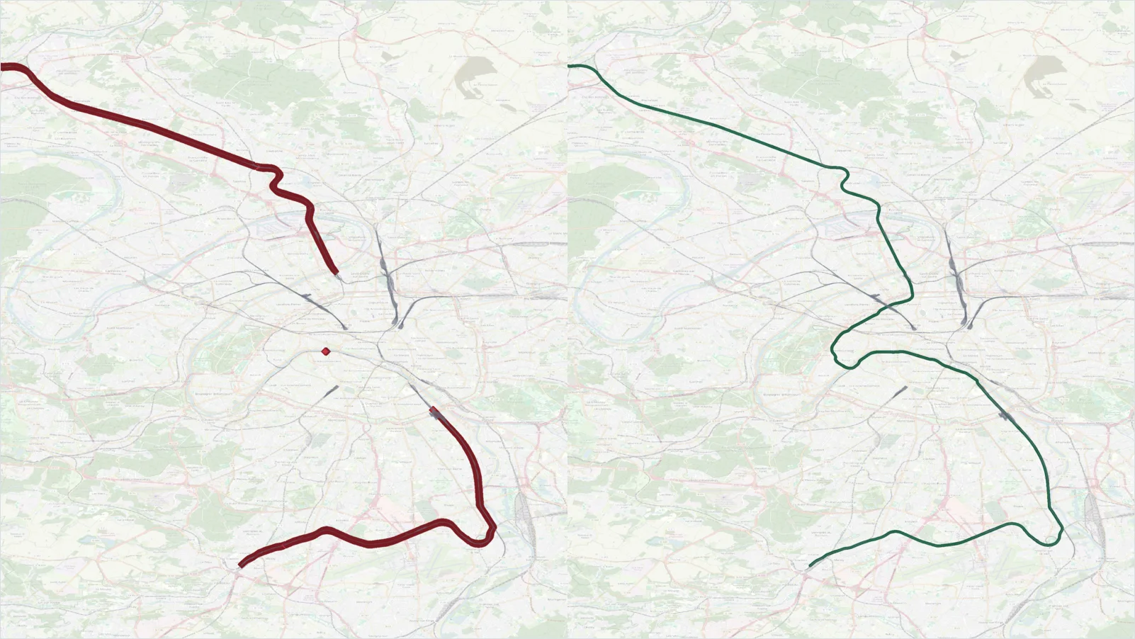 Résultat MBDD Rail : à gauche, la trace GPS interrompue ; à droite, le parcours ferroviaire qualifié dans Paris.