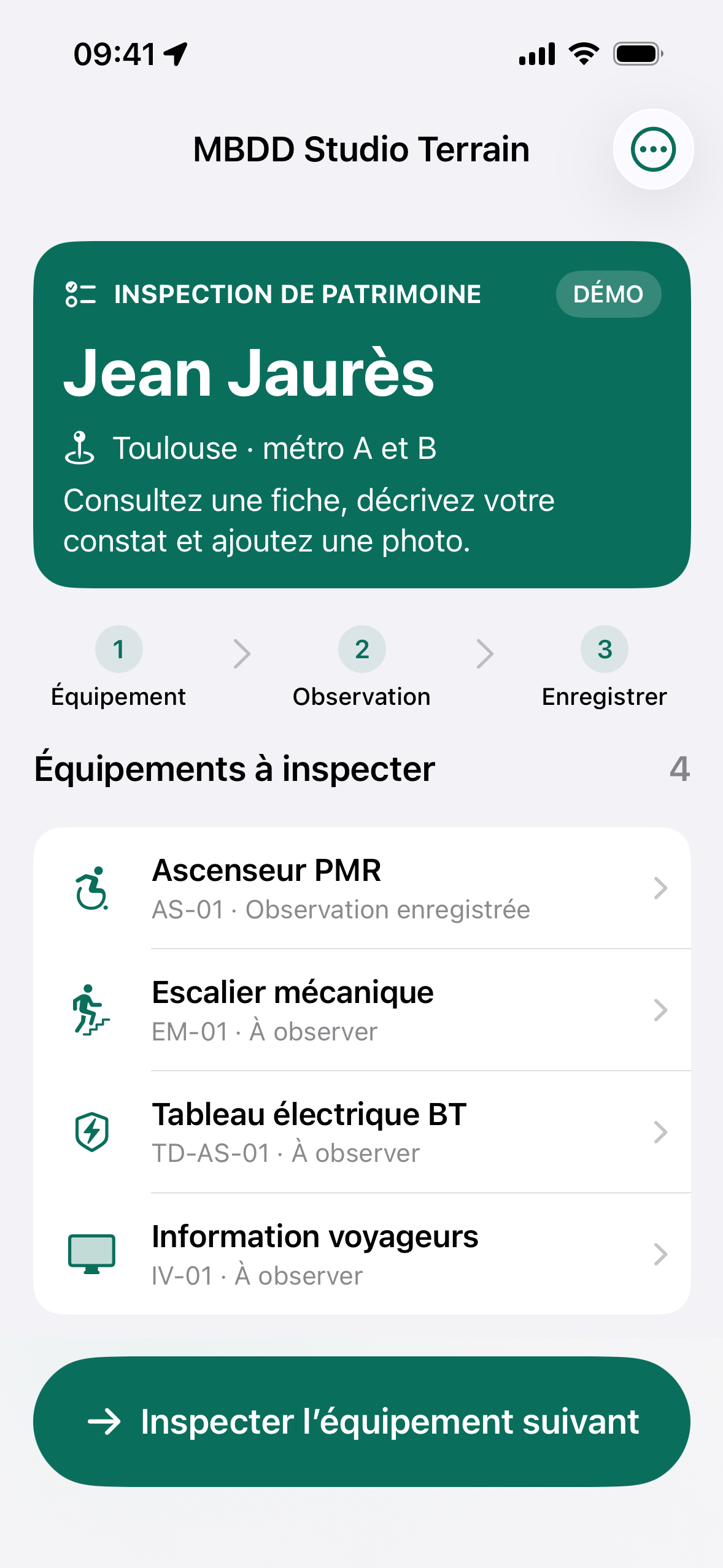 MBDD Studio Terrain sur iPhone : mission de démonstration Jean Jaurès et liste des quatre équipements à inspecter.