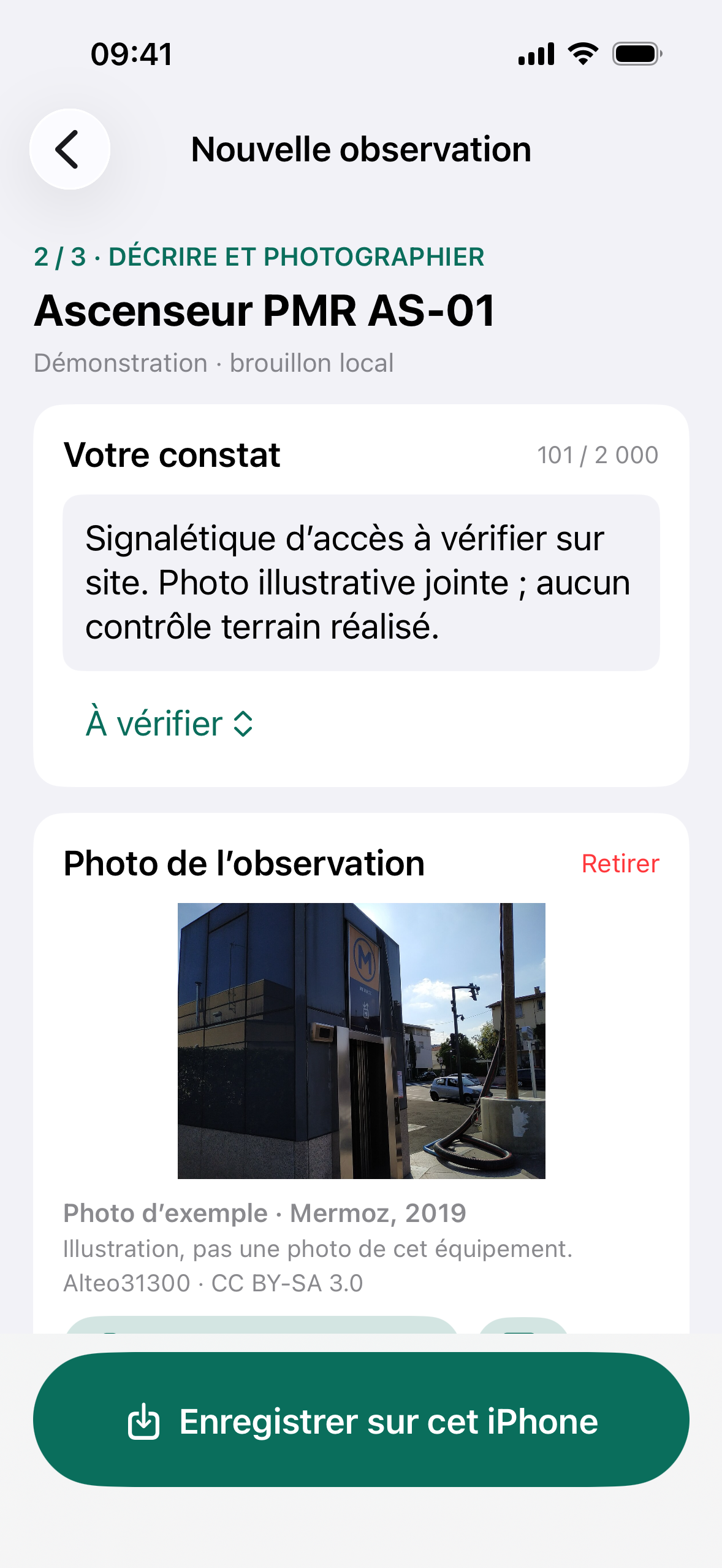 MBDD Studio Terrain sur iPhone : constat renseigné pour l’ascenseur de démonstration, état à vérifier et photo illustrative avant enregistrement local.